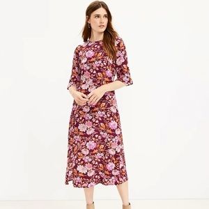 Loft Floral Ruffle Sleeve Orange Pink Purple Midi Dress
